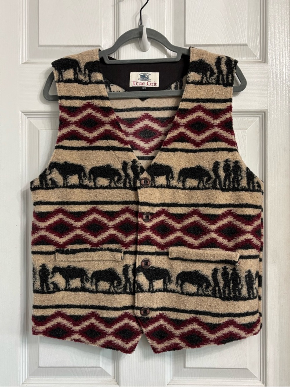 True Grit Vtg Striped Southwestern Wool Blend Vest in Beige, Cowboys & Horses XS